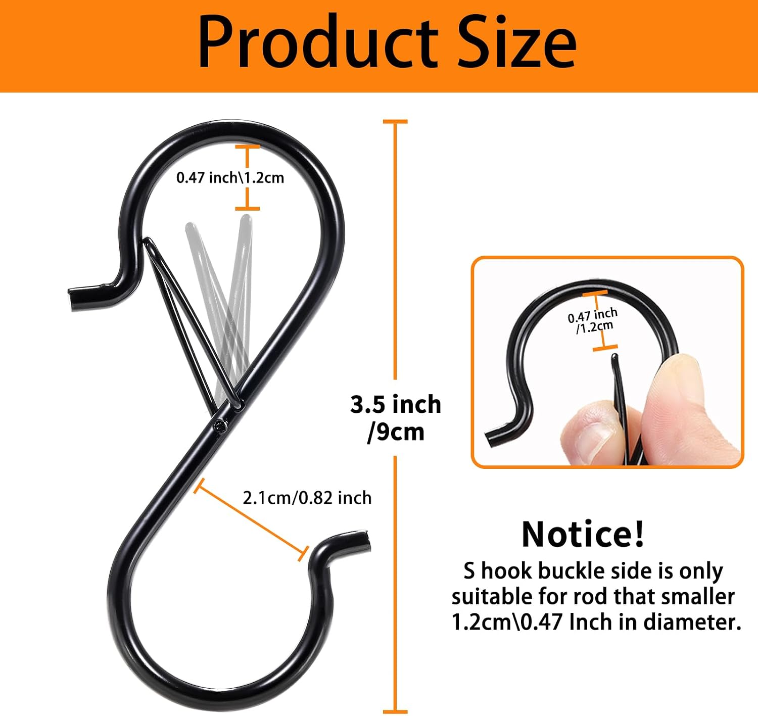 12 PCS S Hooks for Hanging with Safety Buckle | 3.5 inch Heavy Duty Metal S Shaped Hooks for Kitchen Utensil. Cups. Pots. Plants. Bags. Hats (Black) - Image 3