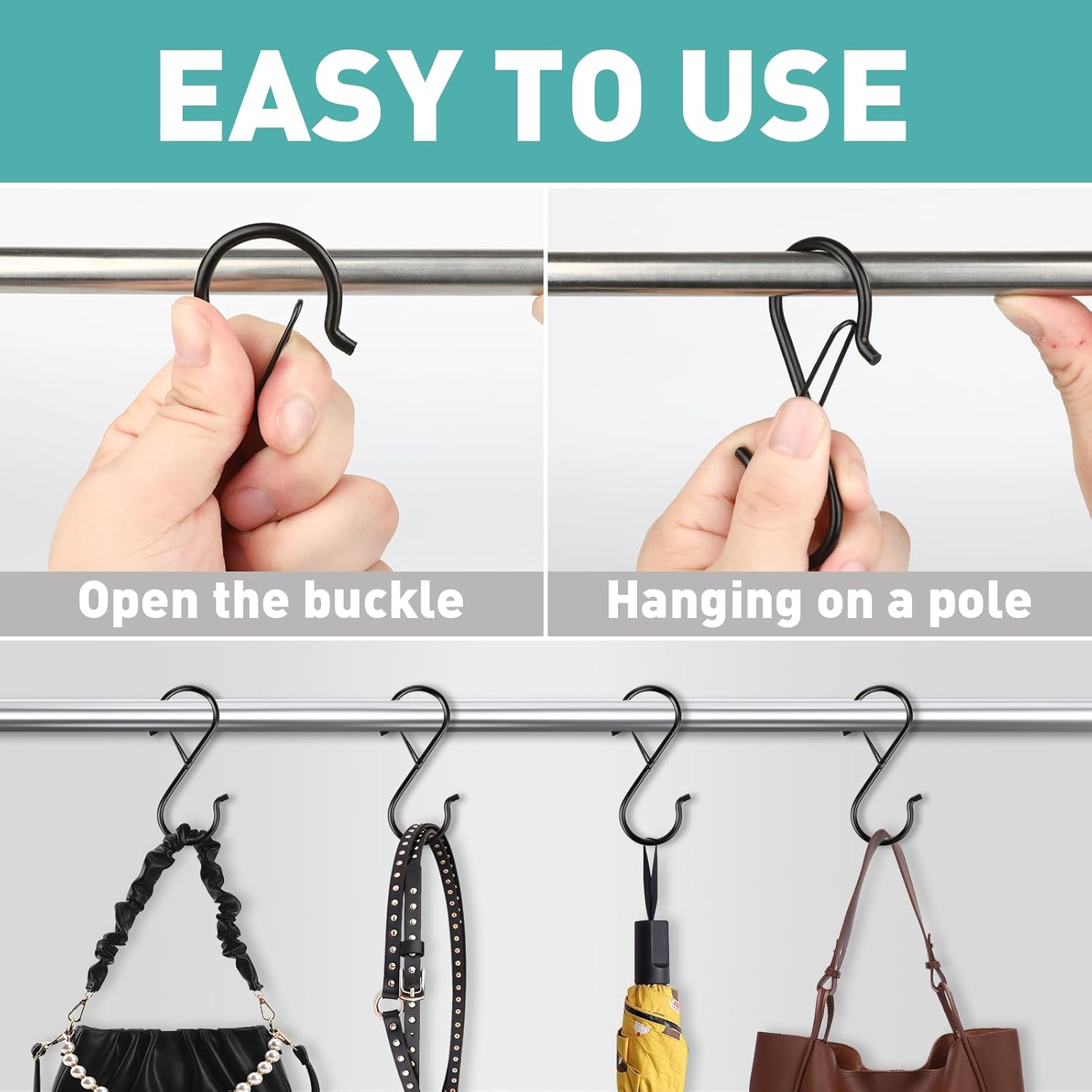 12 Pcs S Hooks for Hanging Heavy Duty. 3.5-inch Heavy Duty Metal S Hook with Safety Buckle. Suitable for 0.5 inch Rods. S Hook for Hanging Plants. Closet. Kitchen Utensil. Pot. Pan. Bags - Image 4
