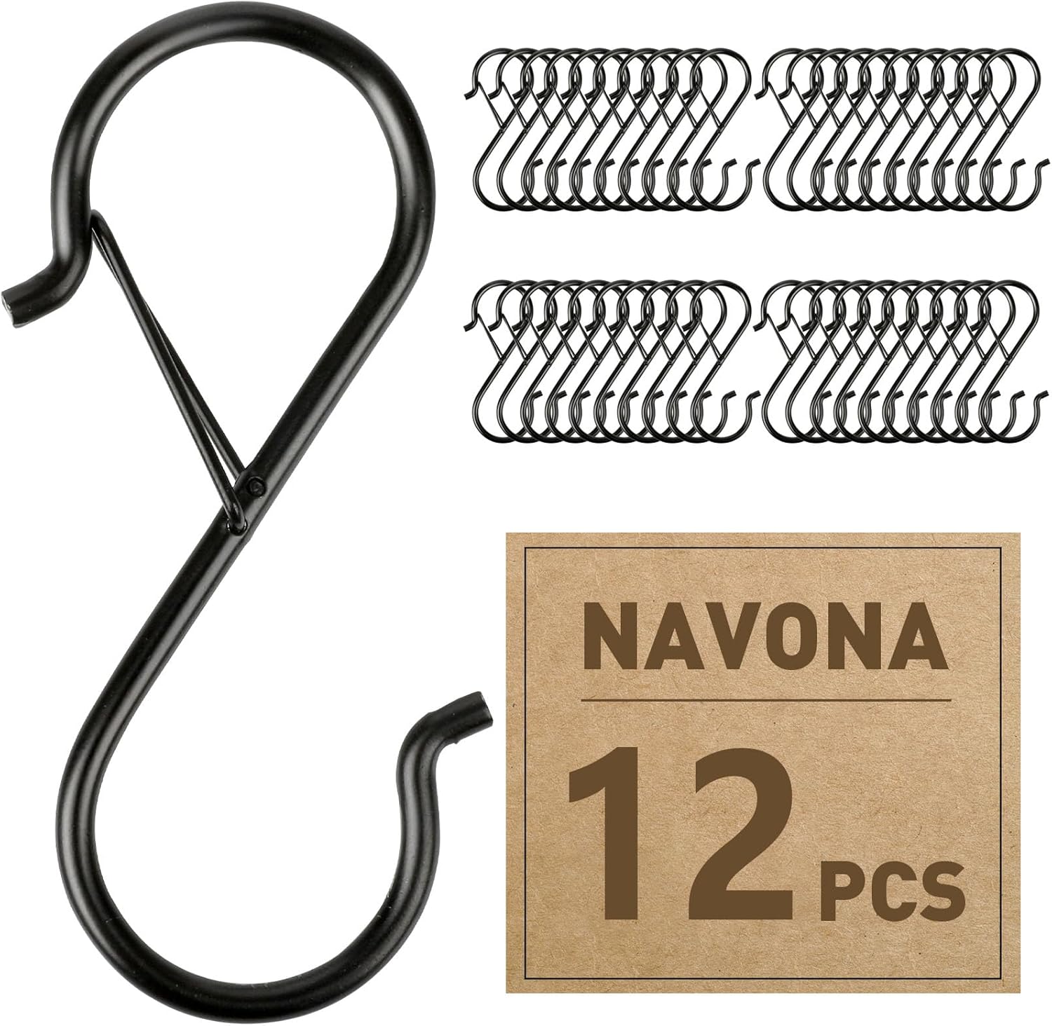 12 Pcs S Hooks for Hanging Heavy Duty. 3.5-inch Heavy Duty Metal S Hook with Safety Buckle. Suitable for 0.5 inch Rods. S Hook for Hanging Plants. Closet. Kitchen Utensil. Pot. Pan. Bags