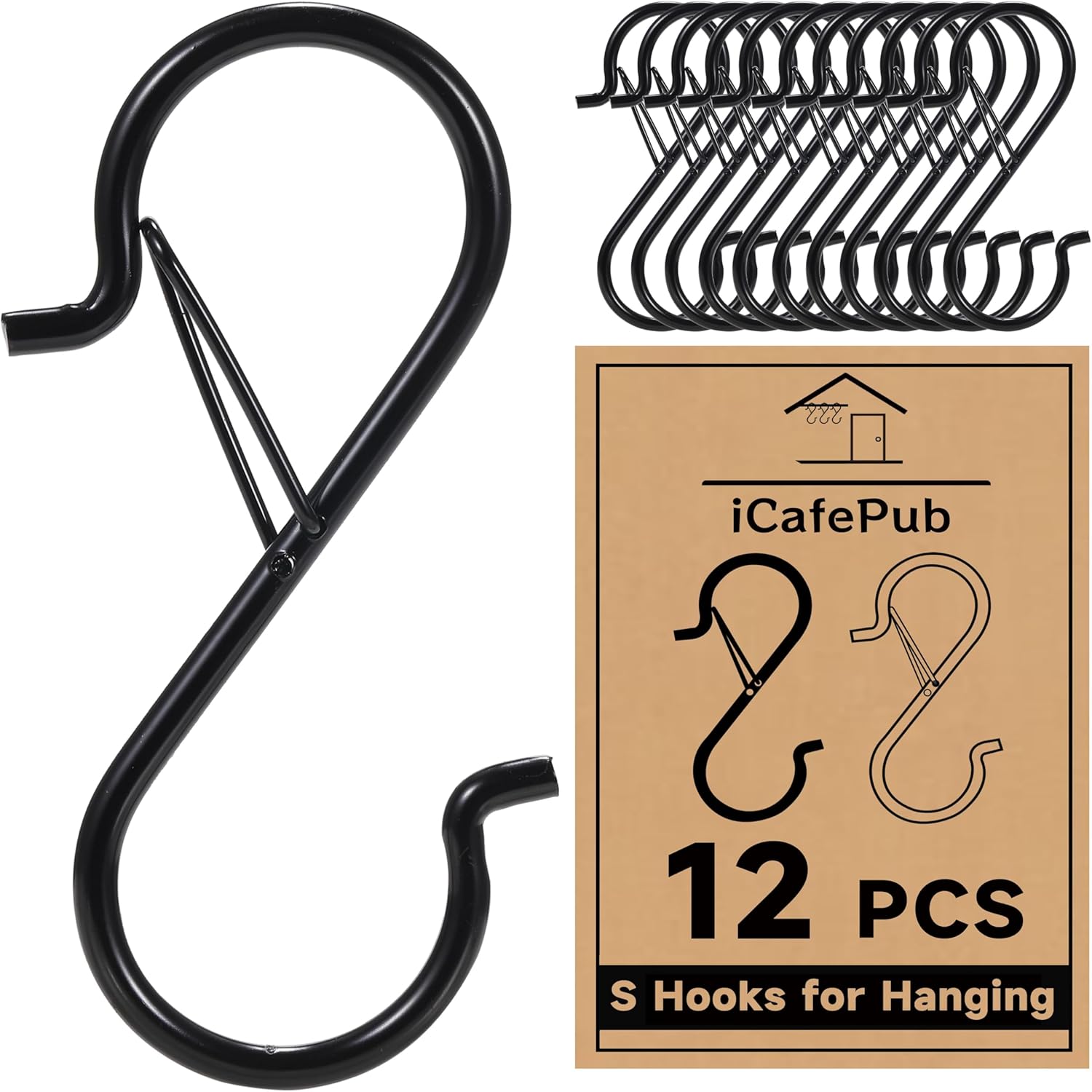 12 PCS S Hooks for Hanging with Safety Buckle | 3.5 inch Heavy Duty Metal S Shaped Hooks for Kitchen Utensil. Cups. Pots. Plants. Bags. Hats (Black)