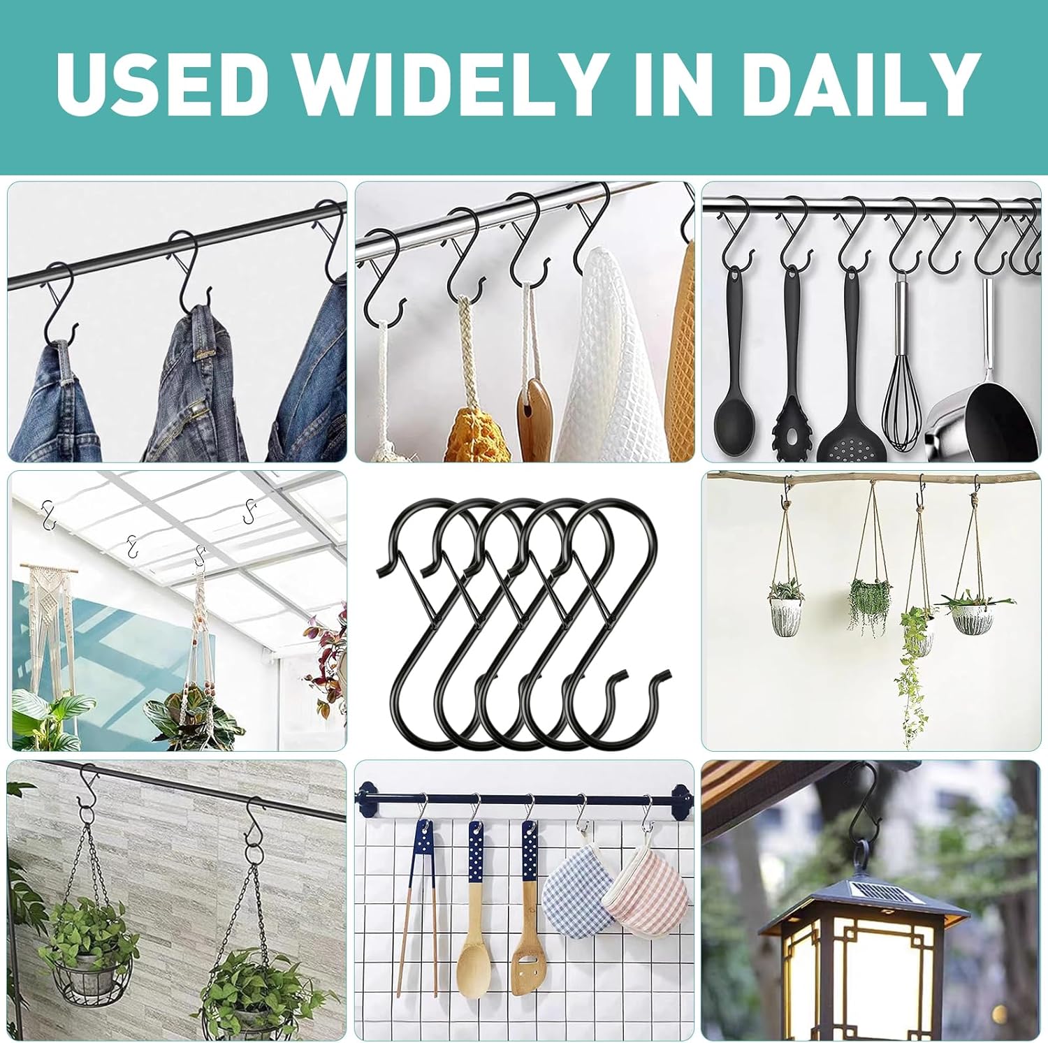12 Pcs S Hooks for Hanging Heavy Duty. 3.5-inch Heavy Duty Metal S Hook with Safety Buckle. Suitable for 0.5 inch Rods. S Hook for Hanging Plants. Closet. Kitchen Utensil. Pot. Pan. Bags - Image 6
